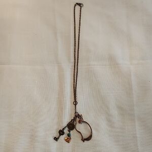 Vintage Look Charm Necklace with Heart and Key - Bronze